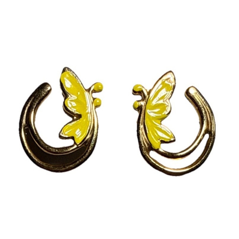 Vintage‎ Gold Tone Yellow Butterfly Flower Detail Earrings J17-6